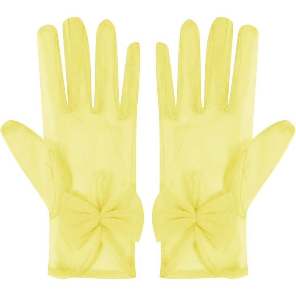 Women's Yellow Evening Sheer Tulle Short Length Gloves Wrist Tea Party Prom